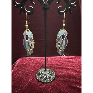 Enamel Lavender And Teal Dangle Earrings Vtg Wings, Abstract, Funky